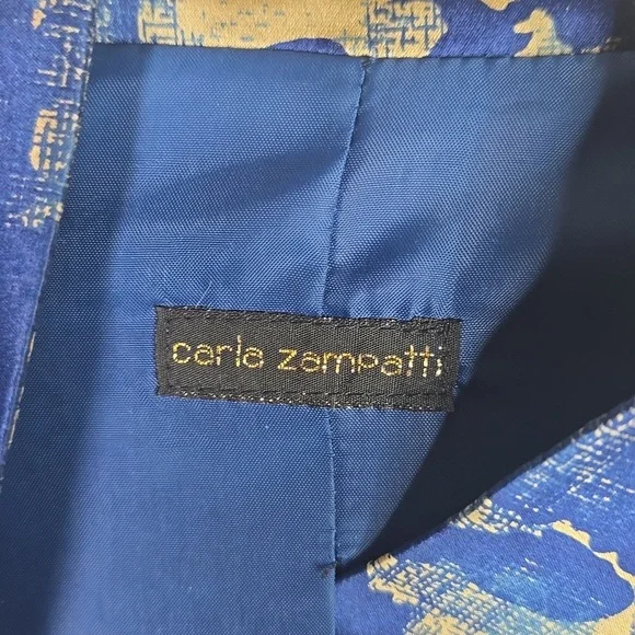 Carla Zampatti Blue and Gold Padded Shoulder Knee Lenght Coat 100% Silk  Size 10 - Picture 4 of 7